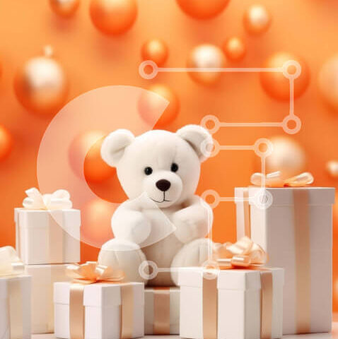 Intra Συλλεκτικό Ξύλινο Παζλ Plywood  4mm - Λευκό αρκουδάκι και κουτιά δώρων με πορτοκαλί και χρυσά μπαλόνια Σε Ξύλινο Κουτί - Διαστάσεις: 10x10 cm – 25 κομμάτια - Image 1