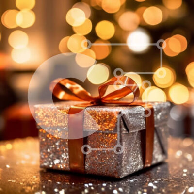 Intra Συλλεκτικό Ξύλινο Παζλ Plywood  4mm - Ασημένιο κουτί δώρου με κόκκινη κορδέλα στο τραπέζι μπροστά από το χριστουγεννιάτικο δέντρο Σε Ξύλινο Κουτί - Διαστάσεις: 10x10 cm – 25 κομμάτια - Image 1