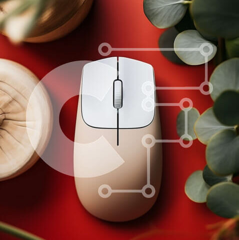 Intra Συλλεκτικό Ξύλινο Παζλ Plywood  4mm - Ποντίκι υπολογιστή σε κόκκινη επιφάνεια με φυτά Σε Ξύλινο Κουτί - Διαστάσεις Puzzle: 10x10 cm – 25 κομμάτια - Image 1