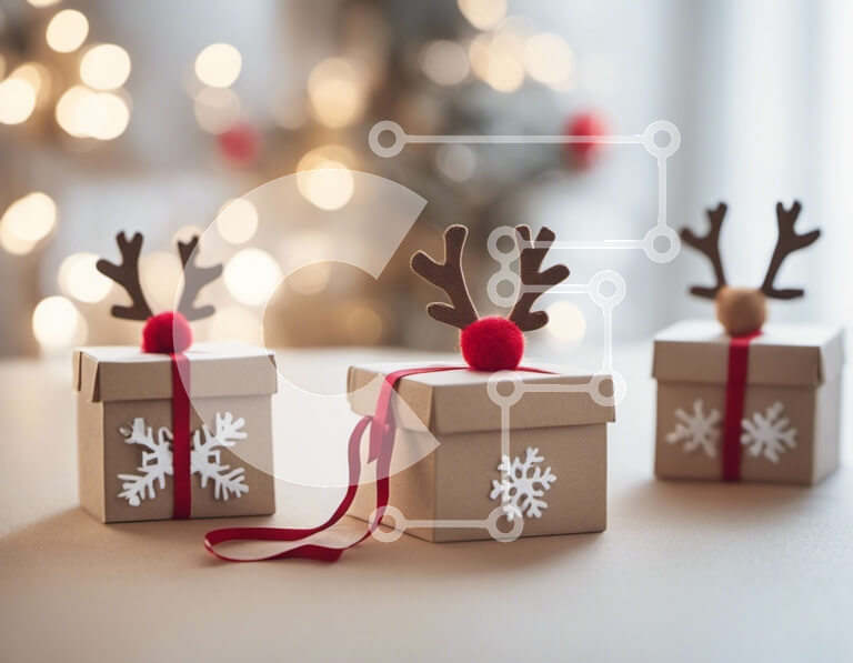 Intra Συλλεκτικό Ξύλινο Παζλ Plywood  4mm - Γιορτινά κουτιά δώρων με κέρατα ταράνδου και κόκκινες κορδέλες Σε Ξύλινο Κουτί - Διαστάσεις: 10x10 cm – 25 κομμάτια