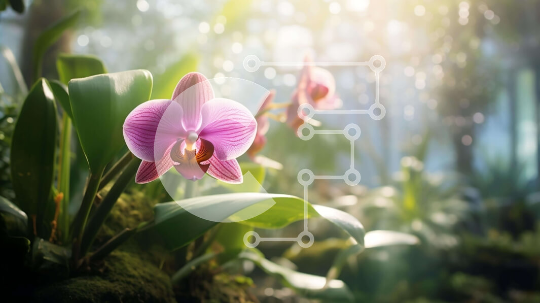 Intra Συλλεκτικό Ξύλινο Παζλ Plywood  4mm - Ροζ ορχιδέα που ανθίζει στο δάσος με πράσινο φύλλωμα Σε Ξύλινο Κουτί - Διαστάσεις: 10x10 cm – 25 κομμάτια