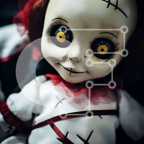 Intra Συλλεκτικό Ξύλινο Παζλ Plywood  4mm - Ανατριχιαστική κούκλα με μαύρα μάτια και κόκκινα χείλη Σε Ξύλινο Κουτί - Διαστάσεις Puzzle: 10x10 cm – 25 κομμάτια - Image 1