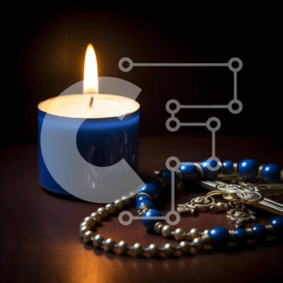 Intra Συλλεκτικό Ξύλινο Παζλ Plywood  4mm - Μπλε κερί, ροζάριο χάντρες και σταυρός σε τραπέζι Σε Ξύλινο Κουτί - Διαστάσεις Puzzle: 10x10 cm – 25 κομμάτια - Image 1