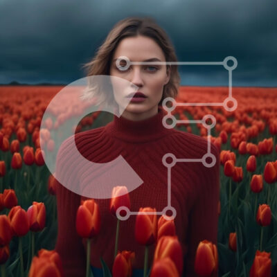 Intra Συλλεκτικό Ξύλινο Παζλ Plywood  4mm - Όμορφη εικόνα της γυναίκας με κόκκινο πουλόβερ στο πεδίο των κόκκινων τουλίπες με τον θυελλώδη ουρανό Σε Ξύλινο Κουτί - Διαστάσεις: 10x10 cm – 25 κομμάτια - Image 1