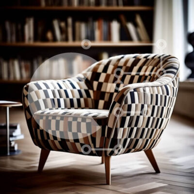 Intra Συλλεκτικό Ξύλινο Παζλ Plywood  4mm - Κομψή ασπρόμαυρη καρό πολυθρόνα σε ένα καλά φωτισμένο δωμάτιο με δάπεδα από σκληρό ξύλο και ράφι Σε Ξύλινο Κουτί - Διαστάσεις Puzzle: 10x10 cm – 25 κομμάτια - Image 1