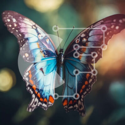 Intra Συλλεκτικό Ξύλινο Παζλ Plywood  4mm - Μπλε πεταλούδα σε πτήση με μαύρα και πορτοκαλί σημάδια Σε Ξύλινο Κουτί - Διαστάσεις: 10x10 cm – 25 κομμάτια - Image 1