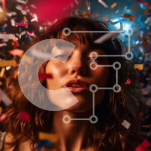 Intra Συλλεκτικό Ξύλινο Παζλ Plywood  4mm - Παιχνιδιάρικη νεαρή γυναίκα με μακριά κατσαρά μαλλιά και τοπ με παγιέτες ανάμεσα σε κομφετί Σε Ξύλινο Κουτί - Διαστάσεις Puzzle: 10x10 cm – 25 κομμάτια