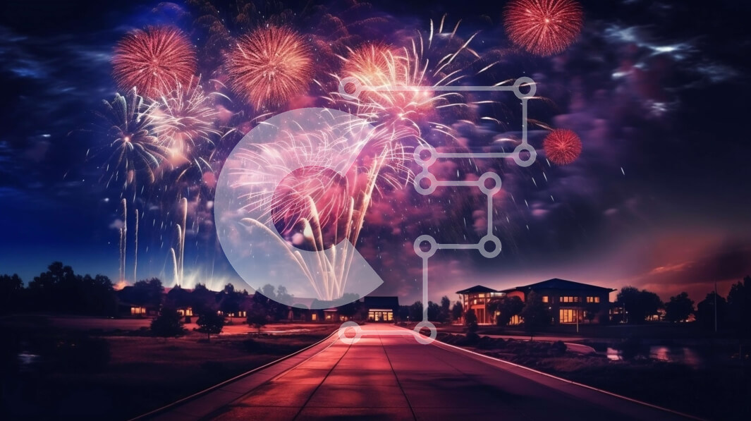 Intra Συλλεκτικό Ξύλινο Παζλ Plywood  4mm - Ζωντανά πυροτεχνήματα ανάβουν τη νύχτα πάνω από μια κατοικημένη γειτονιά Σε Ξύλινο Κουτί - Διαστάσεις Puzzle: 10x10 cm – 25 κομμάτια