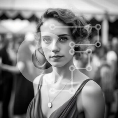 Intra Συλλεκτικό Ξύλινο Παζλ Plywood  4mm - Νεαρή γυναίκα με φόρεμα που στέκεται μπροστά σε ανθρώπους σε υπαίθρια εκδήλωση Σε Ξύλινο Κουτί - Διαστάσεις Puzzle: 10x10 cm – 25 κομμάτια - Image 1