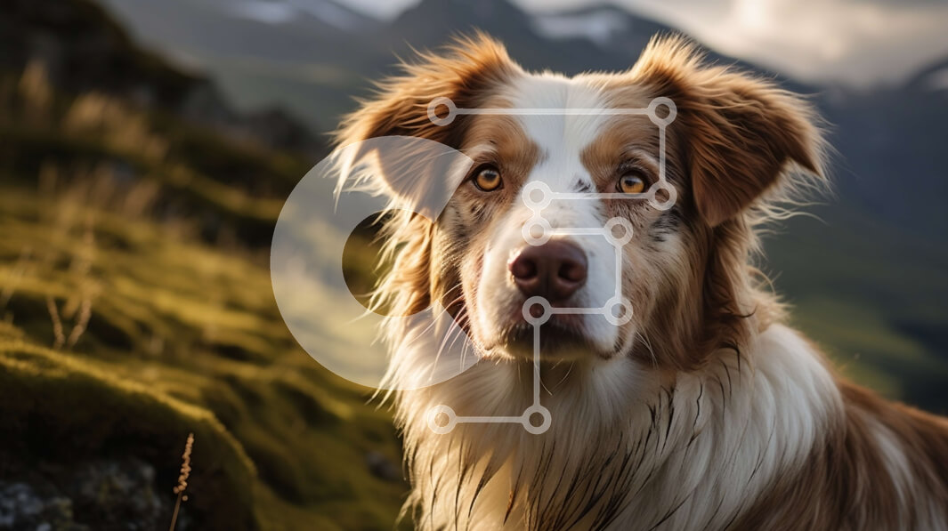 Intra Συλλεκτικό Ξύλινο Παζλ Plywood  4mm - Καφέ και λευκό σκυλί σε έναν χορταριασμένο λόφο με βουνά Σε Ξύλινο Κουτί - Διαστάσεις: 10x10 cm – 25 κομμάτια