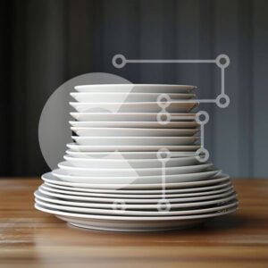 Intra Συλλεκτικό Ξύλινο Παζλ Plywood  4mm - Στοίβα από λευκά πορσελάνινα πιάτα σε ξύλινο τραπέζι Σε Ξύλινο Κουτί - Διαστάσεις Puzzle: 10x10 cm – 25 κομμάτια