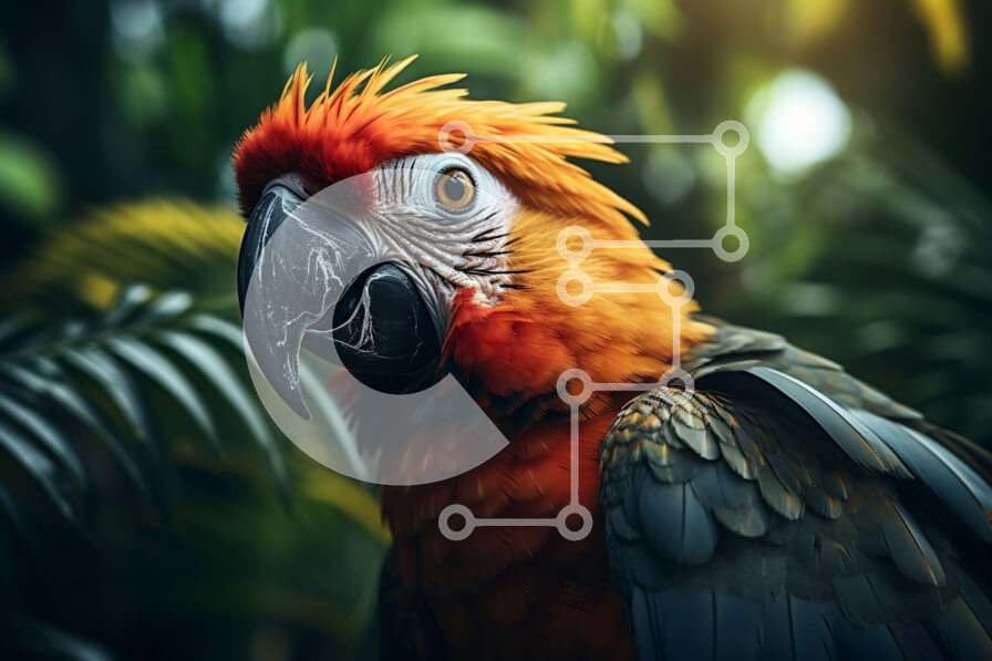 Intra Συλλεκτικό Ξύλινο Παζλ Plywood  4mm - Κοντινή όψη του κεφαλιού του παπαγάλου με φωτεινά πορτοκαλί φτερά Σε Ξύλινο Κουτί - Διαστάσεις: 10x10 cm – 25 κομμάτια