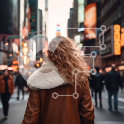 Intra Συλλεκτικό Ξύλινο Παζλ Plywood  4mm - Γυναίκα με καφέ δερμάτινο μπουφάν που περπατά στην οδό της πόλης στο σούρουπο Σε Ξύλινο Κουτί - Διαστάσεις Puzzle: 10x10 cm – 25 κομμάτια - Image 1