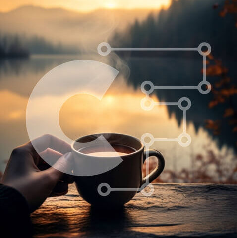 Intra Συλλεκτικό Ξύλινο Παζλ Plywood  4mm - Άτομο που κρατά ένα φλιτζάνι καφέ με θέα στη λίμνη με τα βουνά στο ηλιοβασίλεμα Σε Ξύλινο Κουτί - Διαστάσεις: 10x10 cm – 25 κομμάτια - Image 1