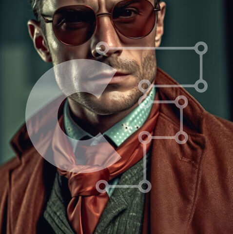 Intra Συλλεκτικό Ξύλινο Παζλ Plywood  4mm - Κομψός άντρας με κόκκινο παλτό με καφέ γραβάτα και γυαλιά ηλίου Σε Ξύλινο Κουτί - Διαστάσεις Puzzle: 10x10 cm – 25 κομμάτια - Image 1