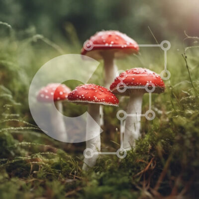 Intra Συλλεκτικό Ξύλινο Παζλ Plywood 4mm - Πανέμορφα κόκκινα μανιτάρια με σταγονίδια δροσιάς στο ποώδη δάσος Σε Ξύλινο Κουτί - Διαστάσεις: 10x10 cm – 25 κομμάτια - Image 1