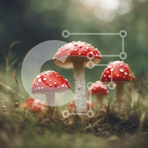 Intra Συλλεκτικό Ξύλινο Παζλ Plywood  4mm - Κόκκινα μανιτάρια σε ένα χορταριασμένο χωράφι Σε Ξύλινο Κουτί - Διαστάσεις: 10x10 cm – 25 κομμάτια