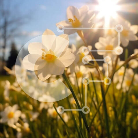 Intra Συλλεκτικό Ξύλινο Παζλ Plywood 4mm - Όμορφο χωράφι με νάρκισσους με ηλιοφάνεια Σε Ξύλινο Κουτί - Διαστάσεις: 10x10 cm – 25 κομμάτια - Image 1