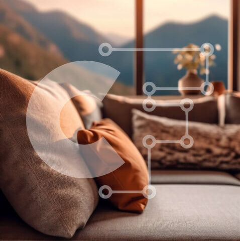 Intra Συλλεκτικό Ξύλινο Παζλ Plywood  4mm - Άνετο σαλόνι με γκρι καναπέ και θέα στο βουνό Σε Ξύλινο Κουτί - Διαστάσεις Puzzle: 10x10 cm – 25 κομμάτια - Image 1