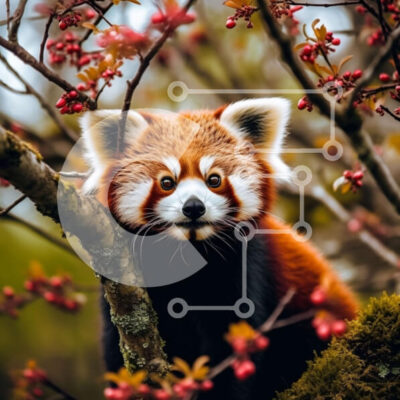 Intra Συλλεκτικό Ξύλινο Παζλ Plywood  4mm - Αξιολάτρευτο κόκκινο Panda που κάθεται σε ένα κλαδί δέντρου με κόκκινα μούρα Σε Ξύλινο Κουτί - Διαστάσεις: 10x10 cm – 25 κομμάτια - Image 1