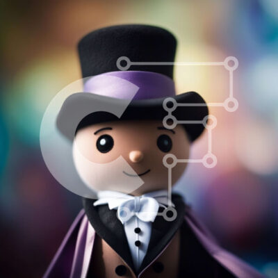 Intra Συλλεκτικό Ξύλινο Παζλ Plywood  4mm - Κομψό πορτρέτο ενός άνδρα με καπέλο και ουρές με μωβ κάπα Σε Ξύλινο Κουτί - Διαστάσεις Puzzle: 10x10 cm – 25 κομμάτια - Image 1