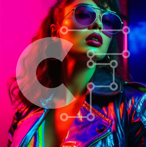 Intra Συλλεκτικό Ξύλινο Παζλ Plywood  4mm - Κομψή γυναίκα με δερμάτινο μπουφάν και γυαλιά ηλίου μπροστά από νέον φόντο Σε Ξύλινο Κουτί - Διαστάσεις Puzzle: 10x10 cm – 25 κομμάτια - Image 1