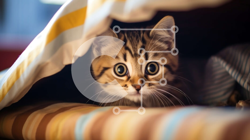 Intra Συλλεκτικό Ξύλινο Παζλ Plywood  4mm - Αξιολάτρευτο γατάκι που κρυφοκοιτάζει κάτω από μια ριγέ κουβέρτα Σε Ξύλινο Κουτί - Διαστάσεις: 10x10 cm – 25 κομμάτια