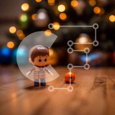 Intra Συλλεκτικό Ξύλινο Παζλ Plywood  4mm - Μικρό κόκκινο παιχνίδι αυτοκίνητο σε ένα ξύλινο πάτωμα μπροστά από το χριστουγεννιάτικο δέντρο Σε Ξύλινο Κουτί - Διαστάσεις: 10x10 cm – 25 κομμάτια - Image 1