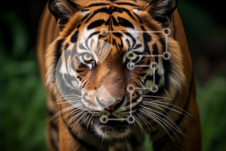 Intra Συλλεκτικό Ξύλινο Παζλ Plywood  4mm - Έντονη κοντινή λήψη του προσώπου της τίγρης με αιχμηρά δόντια Σε Ξύλινο Κουτί - Διαστάσεις: 10x10 cm – 25 κομμάτια