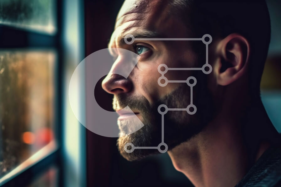 Intra Συλλεκτικό Ξύλινο Παζλ Plywood  4mm - Γενειοφόρος άνδρας με μαύρο πουκάμισο που κοιτάζει έξω από το παράθυρο Σε Ξύλινο Κουτί - Διαστάσεις Puzzle: 10x10 cm – 25 κομμάτια