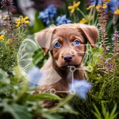 Intra Συλλεκτικό Ξύλινο Παζλ Plywood  4mm - Αξιολάτρευτη εικόνα ενός σκύλου σε έναν κήπο με λουλούδια Σε Ξύλινο Κουτί - Διαστάσεις: 10x10 cm – 25 κομμάτια - Image 1