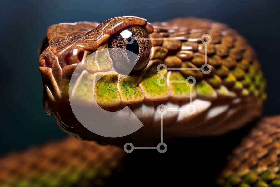 Intra Συλλεκτικό Ξύλινο Παζλ Plywood  4mm - Κοντινή εικόνα του κεφαλιού ενός φιδιού με ορατά μάτια και κυνόδοντες Σε Ξύλινο Κουτί - Διαστάσεις: 10x10 cm – 25 κομμάτια