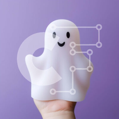 Intra Συλλεκτικό Ξύλινο Παζλ Plywood 4mm - Χαμογελαστό ειδώλιο λευκό φάντασμα στο χέρι σε μωβ φόντο Σε Ξύλινο Κουτί - Διαστάσεις Puzzle: 10x10 cm – 25 κομμάτια - Image 1