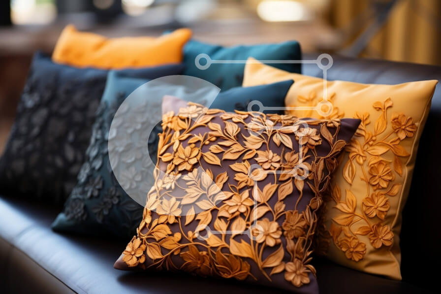 Intra Συλλεκτικό Ξύλινο Παζλ Plywood  4mm - Πολύχρωμα και μοτίβα διακοσμητικά μαξιλάρια σε καφέ δερμάτινο καναπέ Σε Ξύλινο Κουτί - Διαστάσεις Puzzle: 10x10 cm – 25 κομμάτια