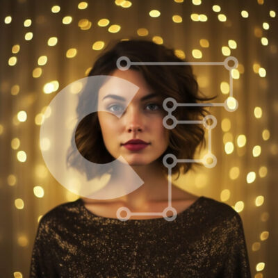 Intra Συλλεκτικό Ξύλινο Παζλ Plywood  4mm - Εκπληκτική εικόνα μιας νεαρής γυναίκας με χρυσό πουκάμισο με φώτα που αναβοσβήνουν στο φόντο Σε Ξύλινο Κουτί - Διαστάσεις Puzzle: 10x10 cm – 25 κομμάτια - Image 1