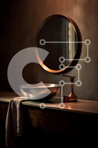 Intra Συλλεκτικό Ξύλινο Παζλ Plywood  4mm - Κομψό μοντέρνο μπάνιο με μαρμάρινο πάγκο και στρογγυλό καθρέφτη Σε Ξύλινο Κουτί - Διαστάσεις Puzzle: 10x10 cm – 25 κομμάτια