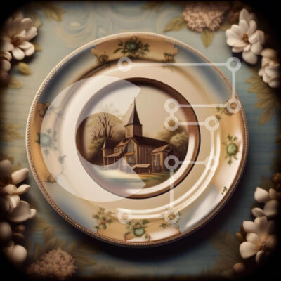 Intra Συλλεκτικό Ξύλινο Παζλ Plywood 4mm - Όμορφο πιάτο με εκκλησιαστική ζωγραφική που περιβάλλεται από λουλούδια Σε Ξύλινο Κουτί - Διαστάσεις: 10x10 cm – 25 κομμάτια - Image 1