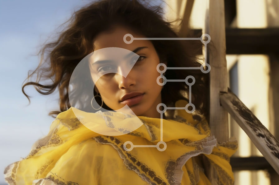 Intra Συλλεκτικό Ξύλινο Παζλ Plywood  4mm - Κομψή γυναίκα με κίτρινο κασκόλ που στέκεται δίπλα σε μια σκάλα Σε Ξύλινο Κουτί - Διαστάσεις Puzzle: 10x10 cm – 25 κομμάτια