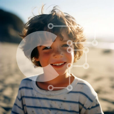 Intra Συλλεκτικό Ξύλινο Παζλ Plywood  4mm - Νεαρό αγόρι που χαμογελά στην παραλία με σγουρά μαλλιά και ριγέ πουκάμισο Σε Ξύλινο Κουτί - Διαστάσεις Puzzle: 10x10 cm – 25 κομμάτια - Image 1