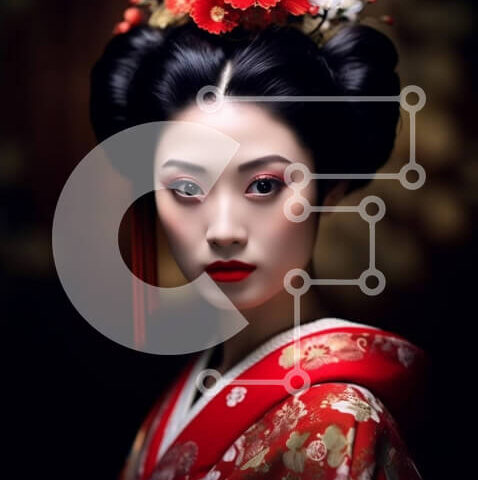 Intra Συλλεκτικό Ξύλινο Παζλ Plywood  4mm - Σοβαρή γυναίκα με ιαπωνικό κιμονό με κόκκινο λουλούδι Σε Ξύλινο Κουτί - Διαστάσεις Puzzle: 10x10 cm – 25 κομμάτια - Image 1