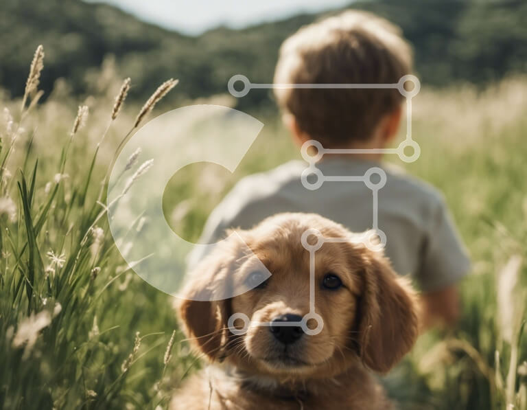 Intra Συλλεκτικό Ξύλινο Παζλ Plywood  4mm - Νεαρό αγόρι και κουτάβι Γκόλντεν Ριτρίβερ στο χωράφι με ψηλό γρασίδι Σε Ξύλινο Κουτί - Διαστάσεις Puzzle: 10x10 cm – 25 κομμάτια