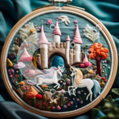 Intra Συλλεκτικό Ξύλινο Παζλ Plywood  4mm - Όμορφη κεντημένη εικόνα ενός μονόκερου σε ένα δάσος με φόντο το κάστρο Σε Ξύλινο Κουτί - Διαστάσεις Puzzle: 10x10 cm – 25 κομμάτια - Image 1