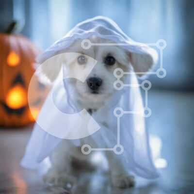 Intra Συλλεκτικό Ξύλινο Παζλ Plywood  4mm - Αξιολάτρευτο σκυλί με στολή φάντασμα με κολοκύθα αποκριών Σε Ξύλινο Κουτί - Διαστάσεις: 10x10 cm – 25 κομμάτια - Image 1