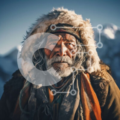 Intra Συλλεκτικό Ξύλινο Παζλ Plywood  4mm - Σοβαρός ηλικιωμένος με λευκή γενειάδα και σακάκι με γούνα που στέκεται μπροστά στα βουνά Σε Ξύλινο Κουτί - Διαστάσεις Puzzle: 10x10 cm – 25 κομμάτια - Image 1