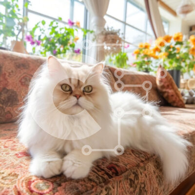 Intra Συλλεκτικό Ξύλινο Παζλ Plywood  4mm - Αξιολάτρευτη εικόνα μιας χνουδωτής λευκής γάτας που κάθεται σε έναν καναπέ με λουλούδια στο φόντο Σε Ξύλινο Κουτί - Διαστάσεις: 10x10 cm – 25 κομμάτια - Image 1