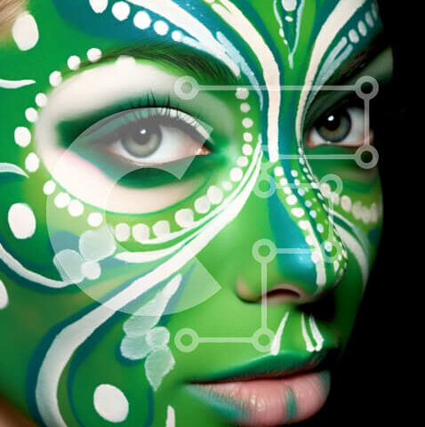 Intra Συλλεκτικό Ξύλινο Παζλ Plywood  4mm - Εκπληκτική εικόνα γυναίκας με μοναδικό σχέδιο βαφής πράσινου προσώπου Σε Ξύλινο Κουτί - Διαστάσεις Puzzle: 10x10 cm – 25 κομμάτια - Image 1