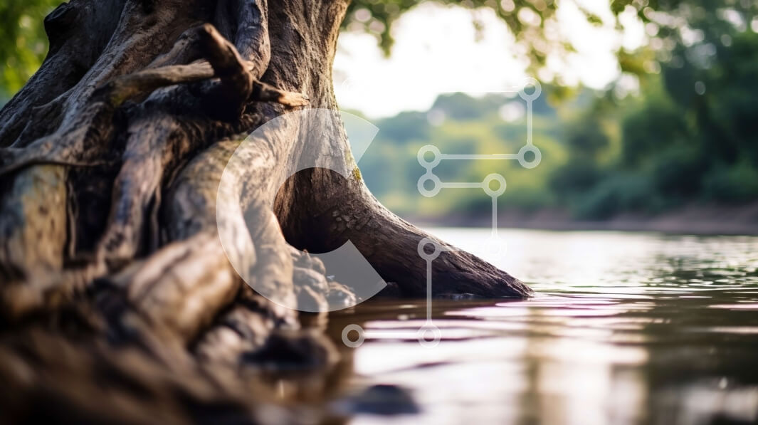 Intra Συλλεκτικό Ξύλινο Παζλ Plywood  4mm - Κοντινό πλάνο ενός κορμού δέντρου που αναπτύσσεται από ένα ποτάμι Σε Ξύλινο Κουτί - Διαστάσεις: 10x10 cm – 25 κομμάτια