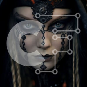 Intra Συλλεκτικό Ξύλινο Παζλ Plywood  4mm - Εκπληκτικό ασπρόμαυρο σχέδιο μακιγιάζ σε μια γυναίκα με κέρατα σε μαύρη ρόμπα και κόμμωση Σε Ξύλινο Κουτί - Διαστάσεις Puzzle: 10x10 cm – 25 κομμάτια