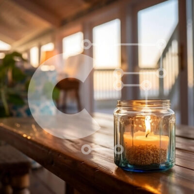 Intra Συλλεκτικό Ξύλινο Παζλ Plywood  4mm - Όμορφη θέα στο ηλιοβασίλεμα από ένα άνετο εσωτερικό με κερί σε γυάλινο βάζο Σε Ξύλινο Κουτί - Διαστάσεις Puzzle: 10x10 cm – 25 κομμάτια - Image 1