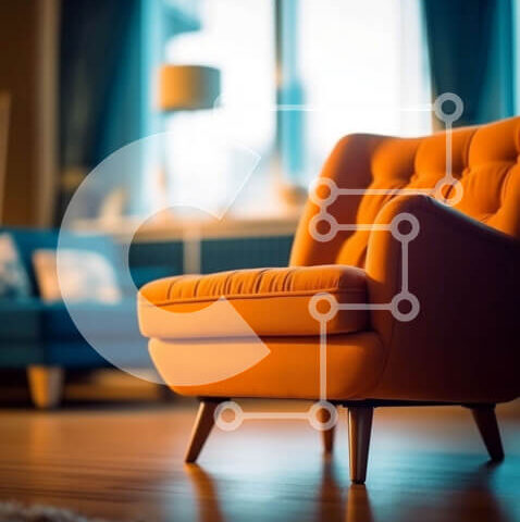 Intra Συλλεκτικό Ξύλινο Παζλ Plywood 4mm - Φωτεινή πορτοκαλί πολυθρόνα σε μινιμαλιστικό δωμάτιο Σε Ξύλινο Κουτί - Διαστάσεις Puzzle: 10x10 cm – 25 κομμάτια - Image 1